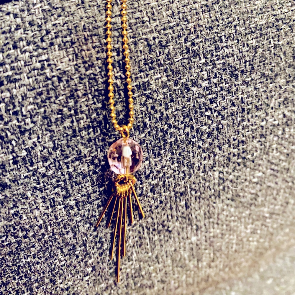 Cookie Lee abstract mid century modern/bohemian necklace - gold, pink bead